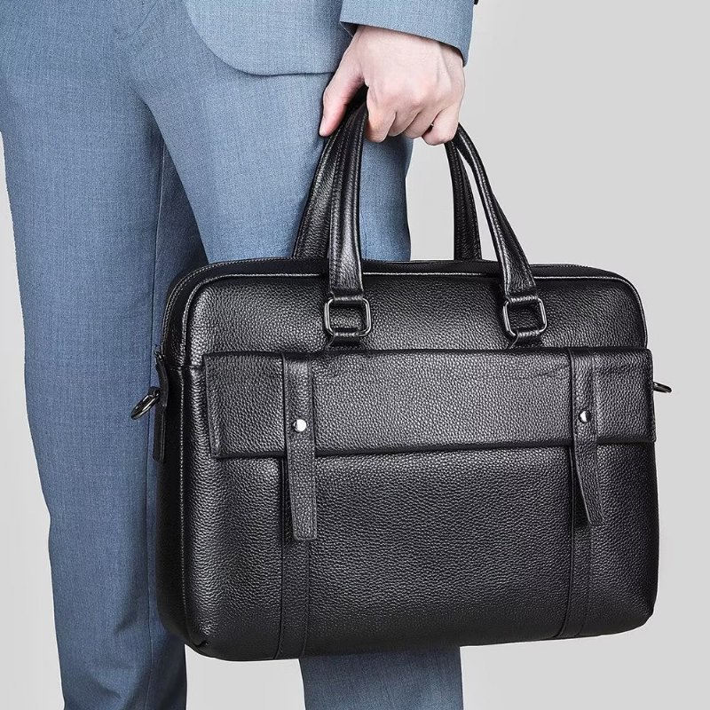 Pánske Aktovky Luxusný Kožený Dvojkomorový Organizér Business Aktovka - Čierna