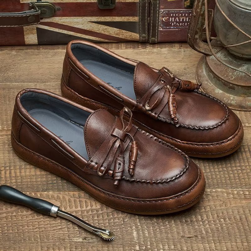 Pánske Mokasíny Luxusné Strapcové Hovädzie Kože Elegantné Slip-ony - Káva