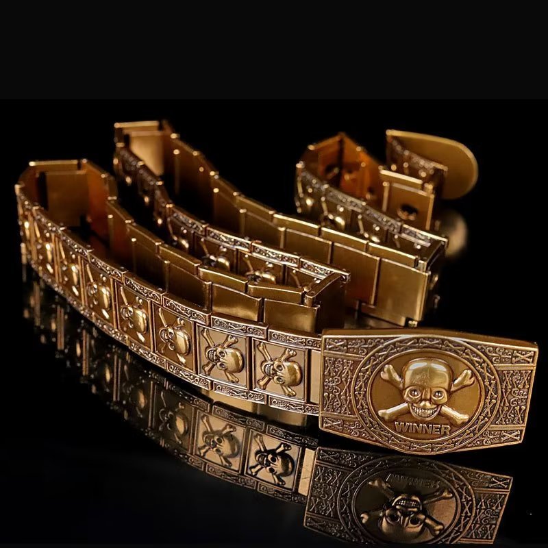 Pánske Opasky Skull & Crossbones Stainless Steel Edgy Buckle Belt - Zlatá