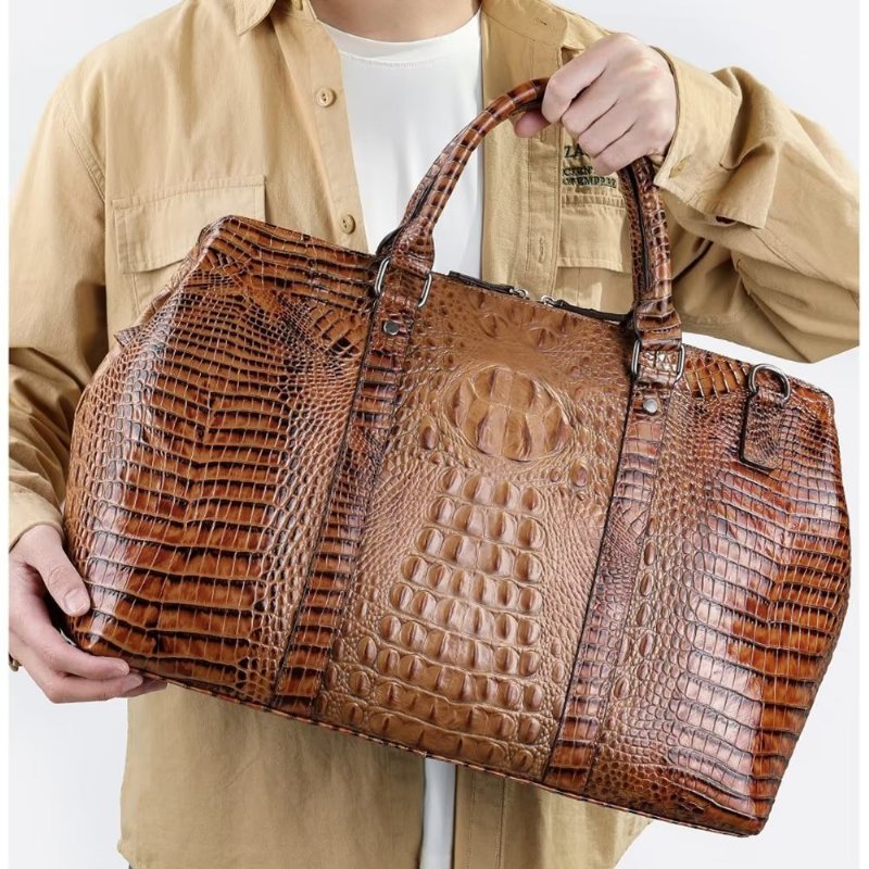 Pánske Tašky Cez Rameno Exotic Crocodile Leather Travel Duffle - Káva