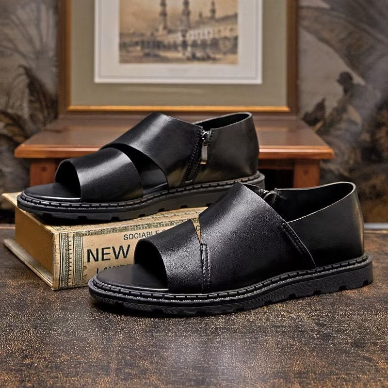 Pánske Topánky Na Voľný Čas Kožené Sandále Peep Toe - Čierna