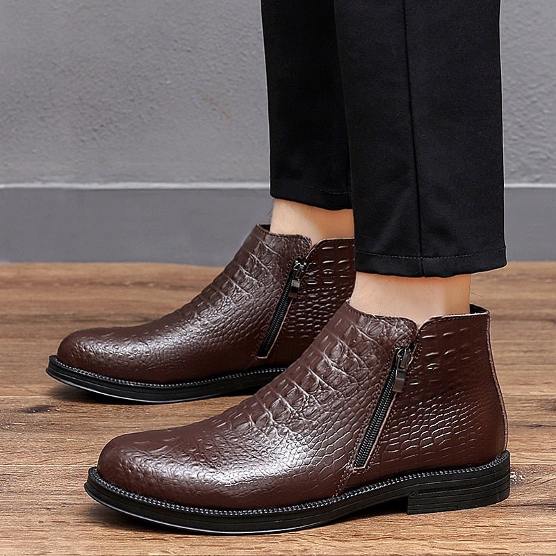 Pánske Čižmy Luxusná Krokodília Koža Lemovaná Trendy - Káva