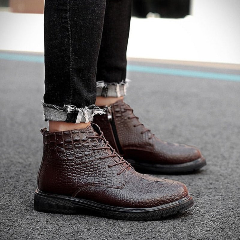 Pánske Čižmy Luxusné Členkové Topánky Do Snehu Crocfur Crocodile Pattern - Káva